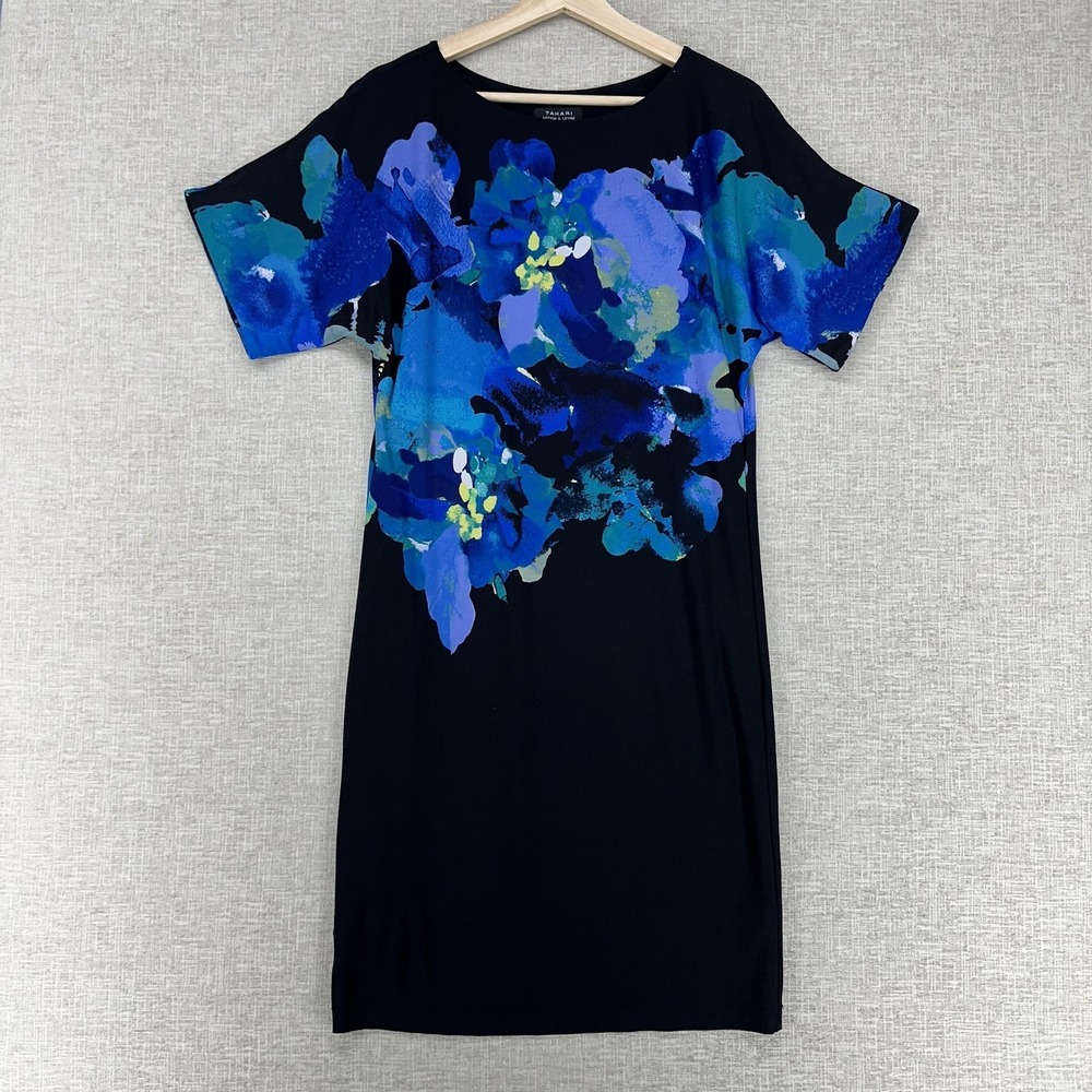 Tahari Arthur S.‎ Levine Dress Womens 2 Black Blue Floral Short Sleeve Shift